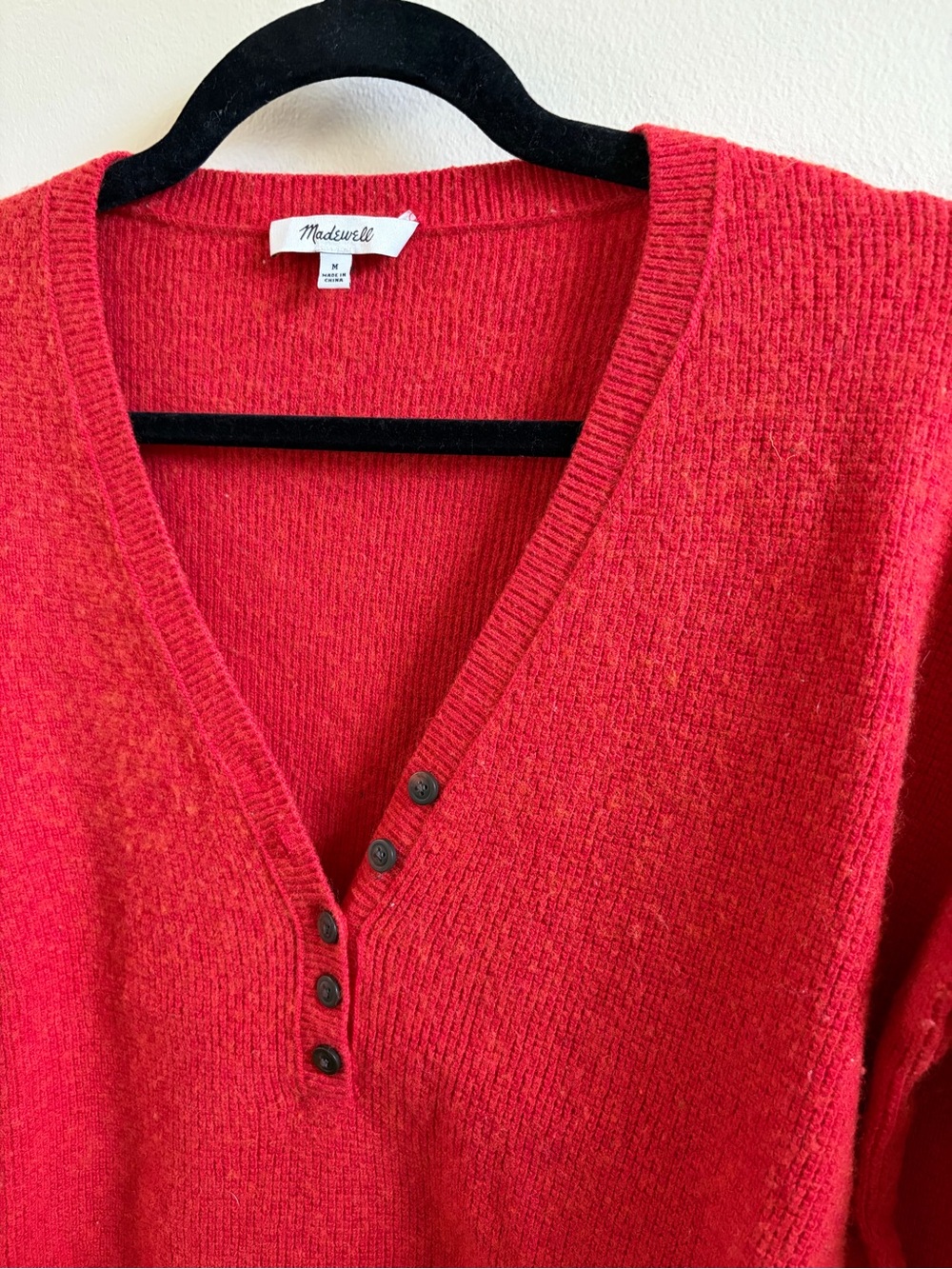 Madewell Bright Red V-Neck Button-Front Knit Sweater